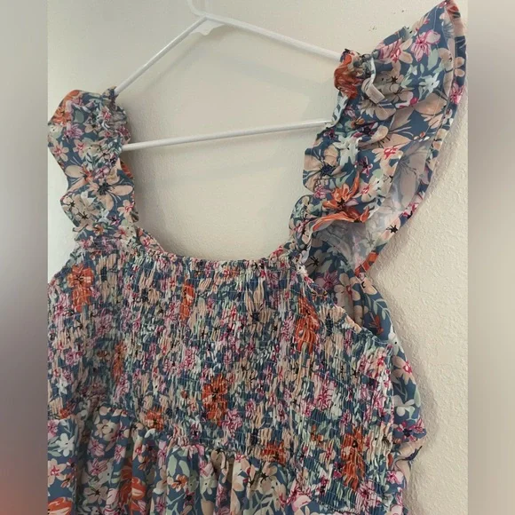 Festival Floral mini dress 🌸 Low V neck Empire waist XL - Picture 2 of 5